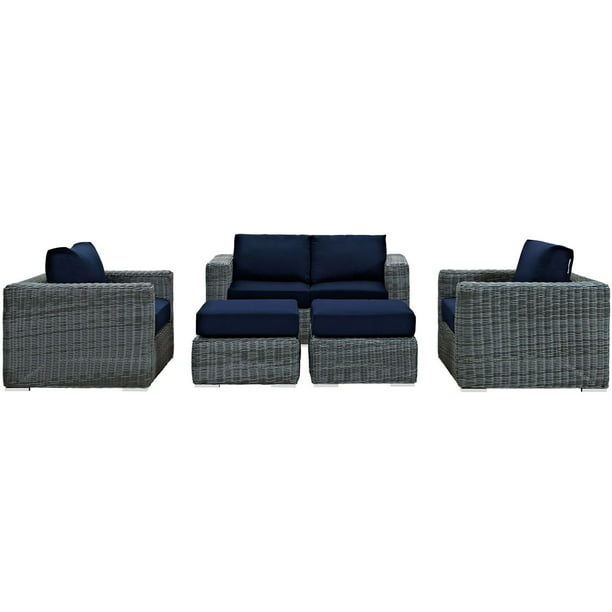 Modway Summon 5 Piece Outdoor Patio Pub Set With Tempered Glass Top in Canvas Navy 